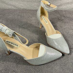 Joy In Love shoes Heels Women Size 7 Silver Glitter D'Orsay Stiletto Ankle Strap
